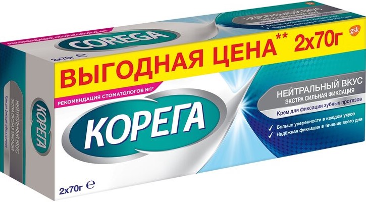 Корега Экстра сильная фиксация, крем для фиксации зубных протезов, 70 г, 2 шт, нейтральный вкус фото
