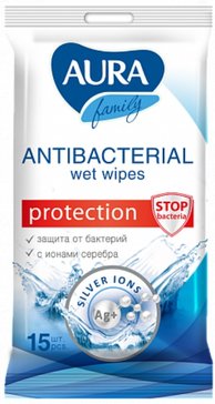 Aura Family Салфетки влажные антибактериальные, салфетки влажные, 15 шт. фото