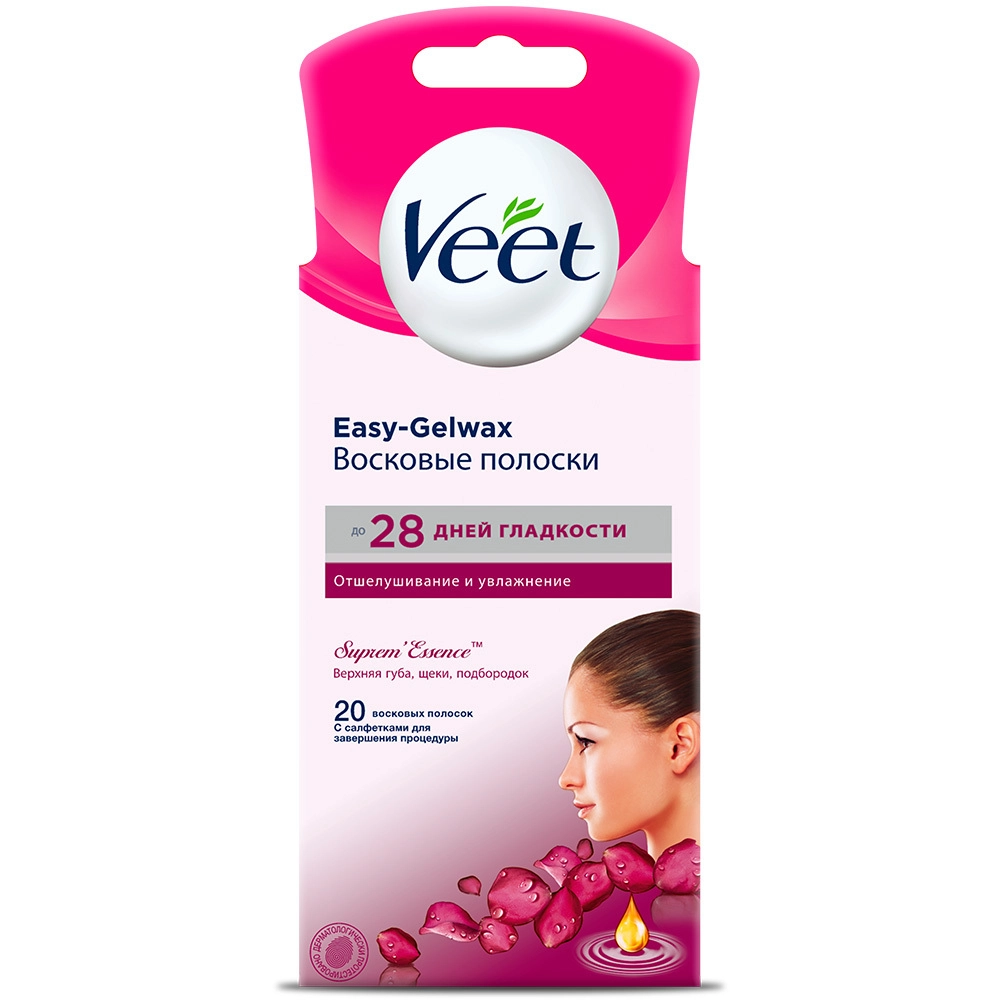 Veet Полоски восковые для лица, полоски восковые, 20 шт, бархатная роза и эфирные масла фото