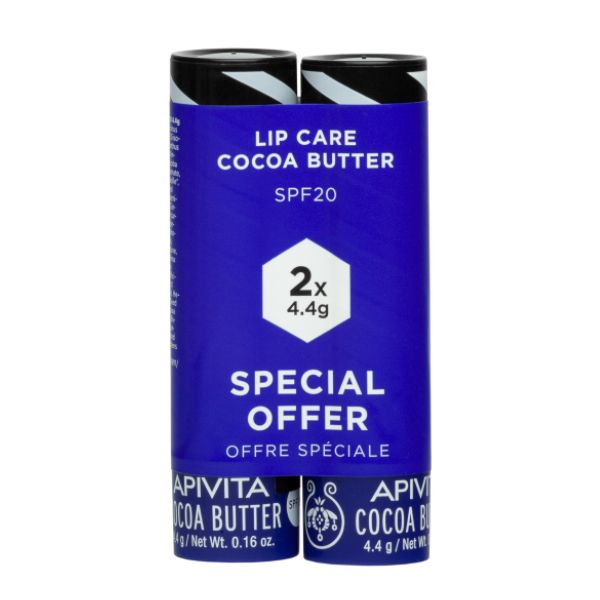 Apivita Уход для губ интенсивно увлажняющий, бальзам для губ, 4.4 г, 2 шт, масло какао, SPF 20 фото
