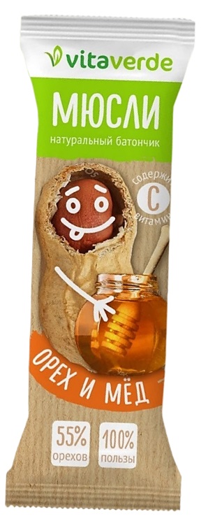 Vitaverde батончик мюсли, батончик, 35 г, 1 шт, орех и мёд фото