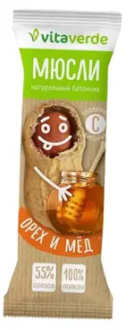 Vitaverde батончик мюсли, батончик, 35 г, 1 шт, орех и мёд фото