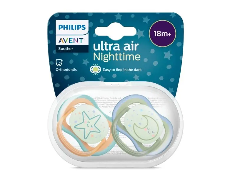 AVENT Ultra Air Пустышка силиконовая ортодонтическая ночная с футляром, 18+ мес, 2 шт, арт. SCF376/23 фото