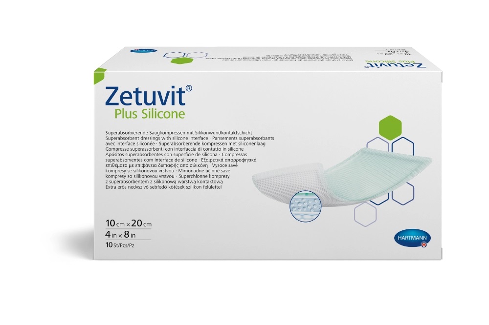 Zetuvit Plus Silicone Повязка суперабсорбирующая с контактным слоем из силикона, 10 см х 20 см, повязка стерильная, 10 шт. фото