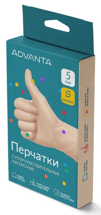 Адванта Перчатки суперчувствительные латексные нестерильные, Small S, пара, 5 шт. фото