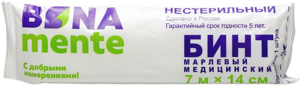 Bona Mente! Бинт медицинский марлевый, 7 м х 14 см, 1 шт, нестерильно фото