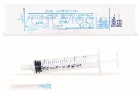 Шприц Vogt Medical 3-х компонентный, 2 мл, шприц в комплекте с иглой, 1 шт, 23G (0,6х30) фото