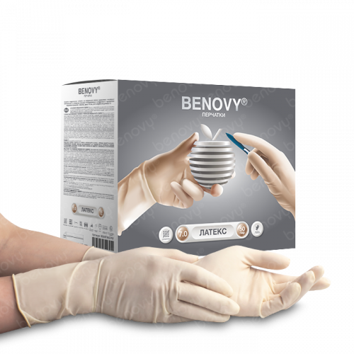 Benovy Перчатки смотровые латексные неопудренные стерильные, р. 8, пара, 50 шт. фото
