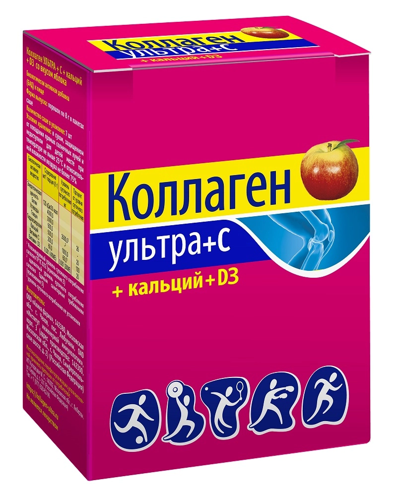 Коллаген Ультра + C + кальций + D3, порошок, 8 г, 7 шт, яблоко фото