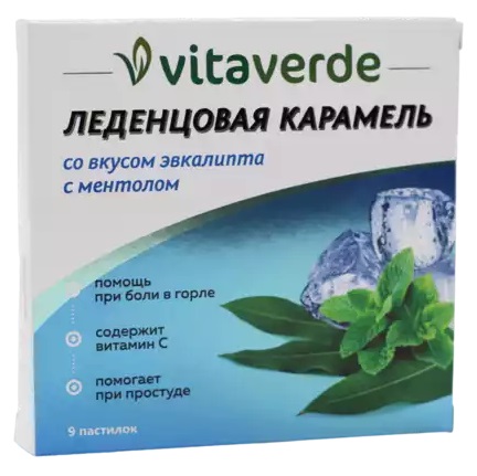 Vitaverde Леденцовая карамель с Витамином C, пастилки, 9 шт, эвкалипт + ментол фото