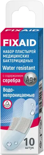 Fixaid Water resistant Набор пластырей медицинских бактерицидных с содержанием серебра, лейкопластырь, 10 шт, набор, 1.9 см х 7.2 см, 2.5 см х 7.2 см фото