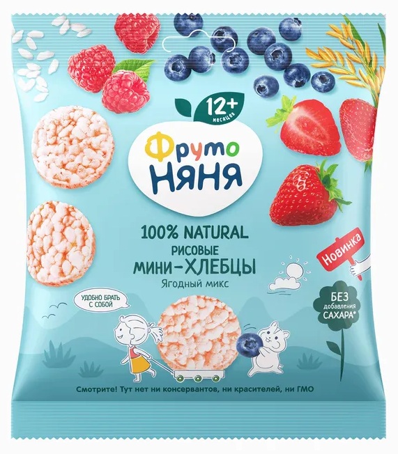Фрутоняня Мини-хлебцы рисовые, хлебцы, 30 г, 1 шт, яблоко + клубника + черника + малина фото