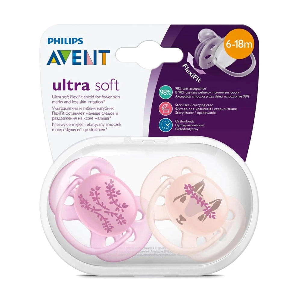 AVENT Ultra Soft Пустышка силиконовая, 6-18 месяцев, 2 шт, с футляром, арт. SCF223/04 фото