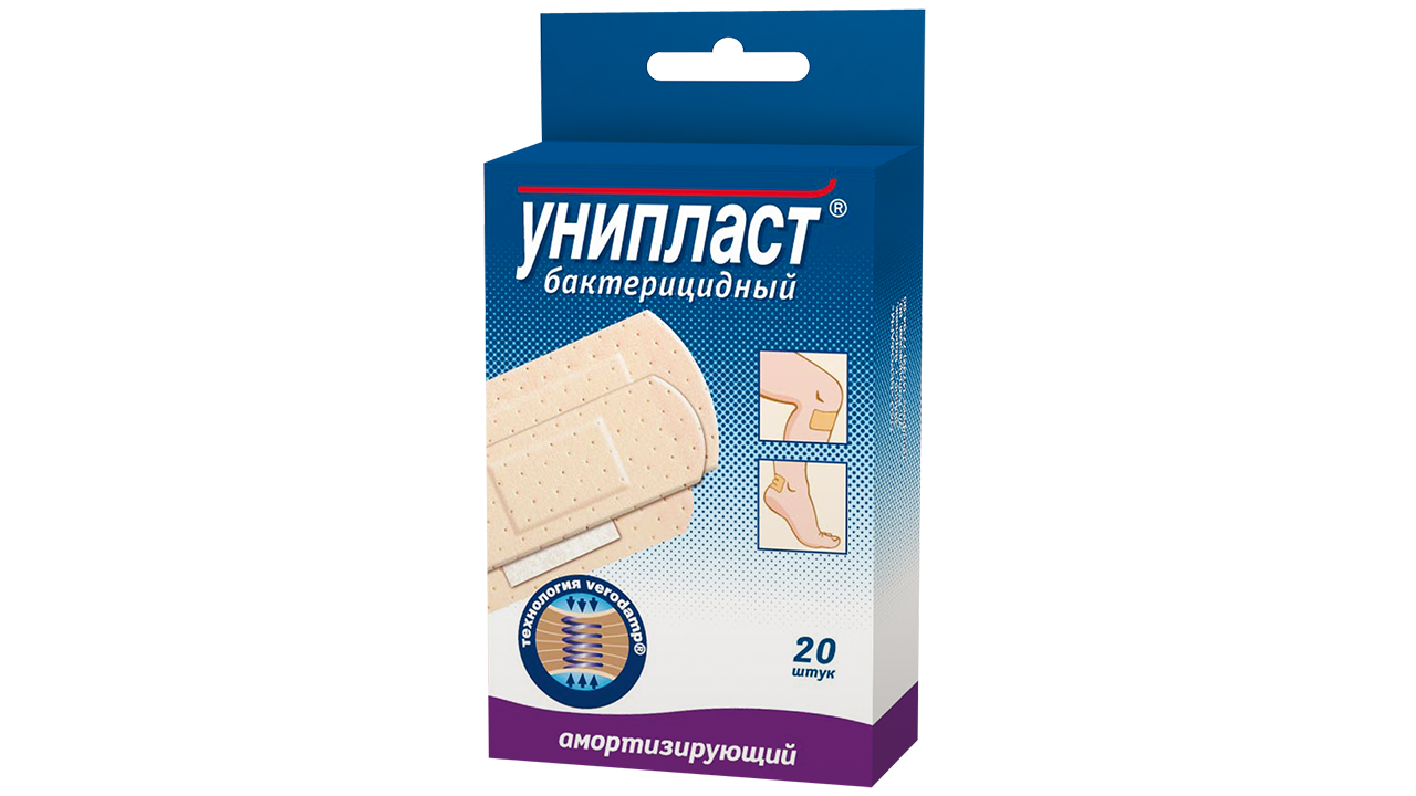 Унипласт Лейкопластырь бактерицидный амортизирующий, 2.5 см х 7.2 см, пластырь медицинский, 20 шт, набор фото