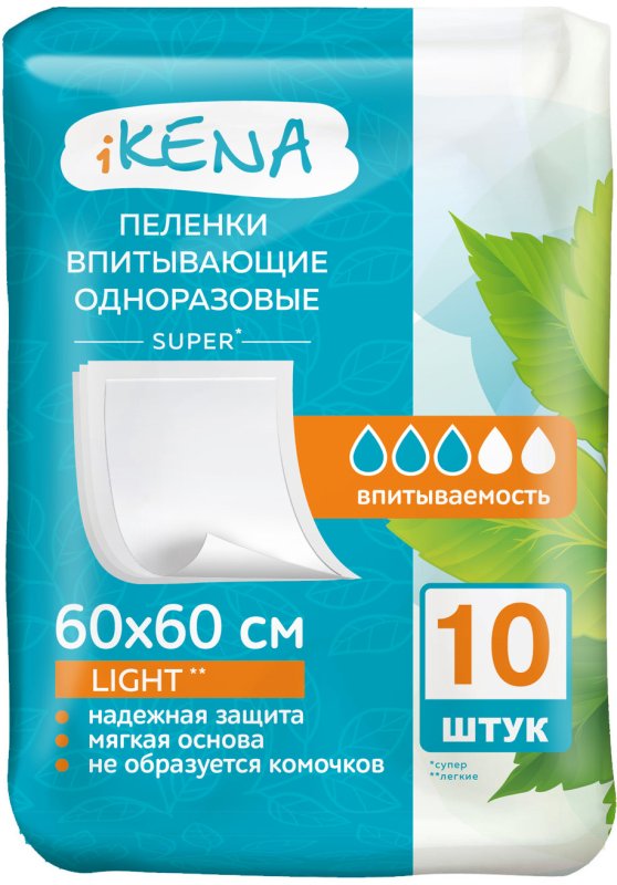 Икена Пеленки впитывающие одноразовые, 60 см x 60 см, 10 шт. фото