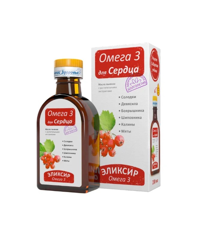 Компас здоровья Масло льняное Эликсир Омега-3 для сердца, эликсир для приема внутрь, 200 мл, 1 шт. фото