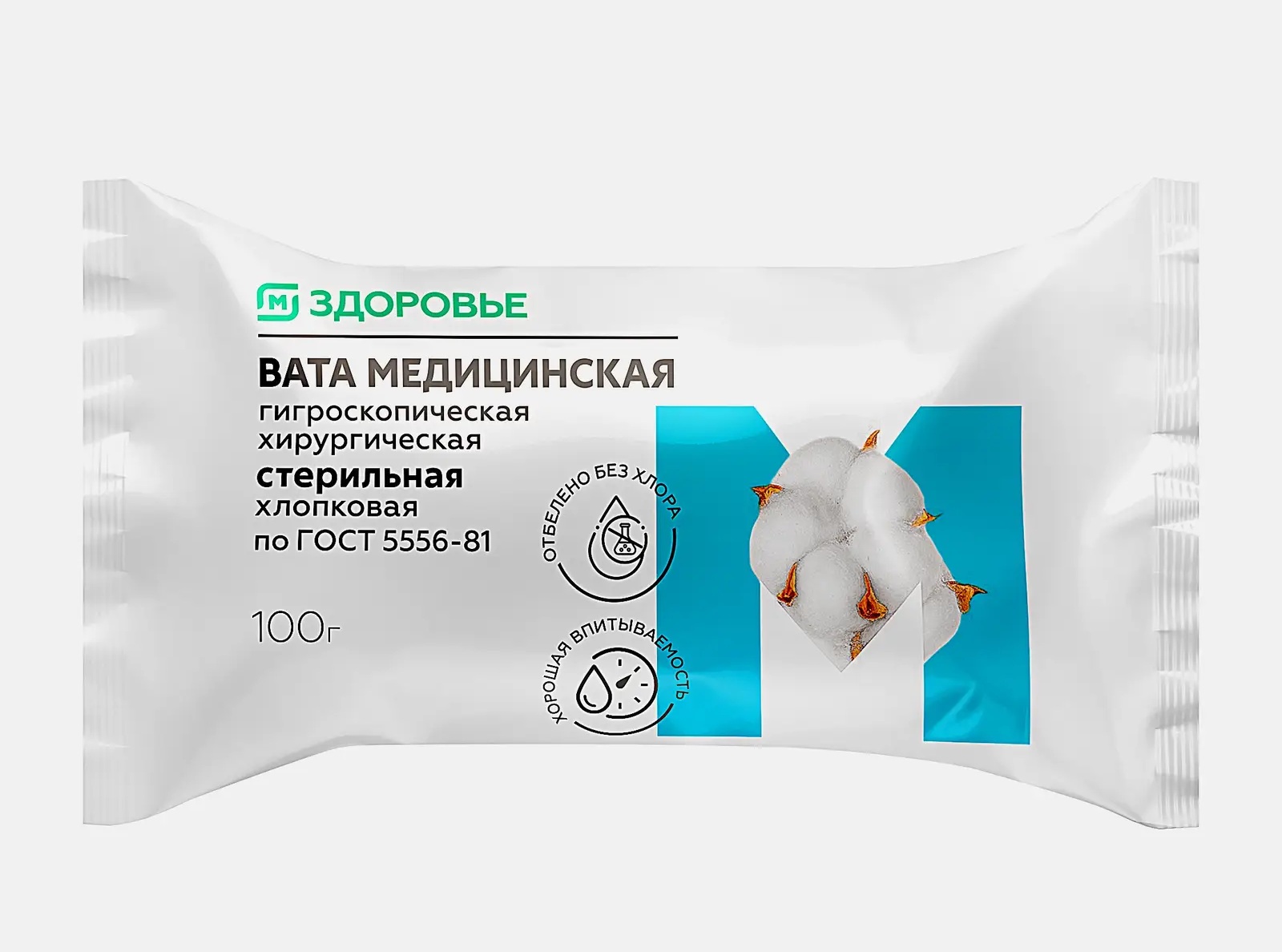 М Здоровье Вата медицинская гигроскопическая хирургическая стерильная, 100 г, 1 шт. фото