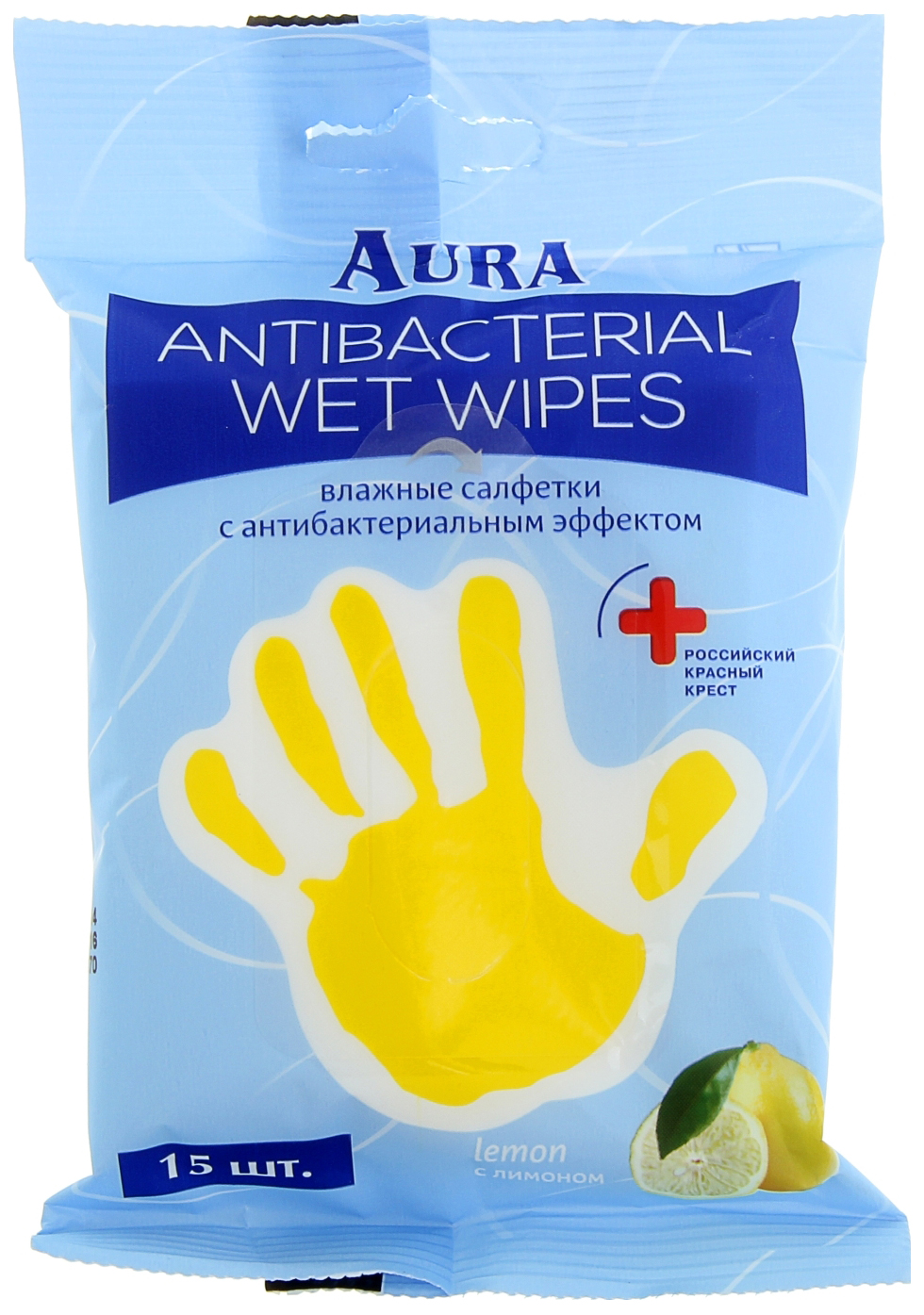 Aura Салфетки влажные антибактериальные, салфетки влажные, 15 шт, лимон фото