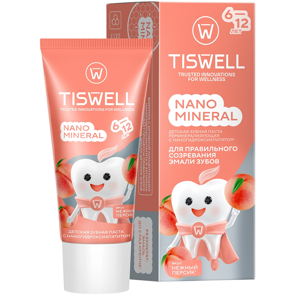 Tiswell nano mineral Зубная паста реминерализующая с наногидроксиапатитом детская, зубная паста, 60 г, 1 шт, нежный персик, 6-12 лет фото