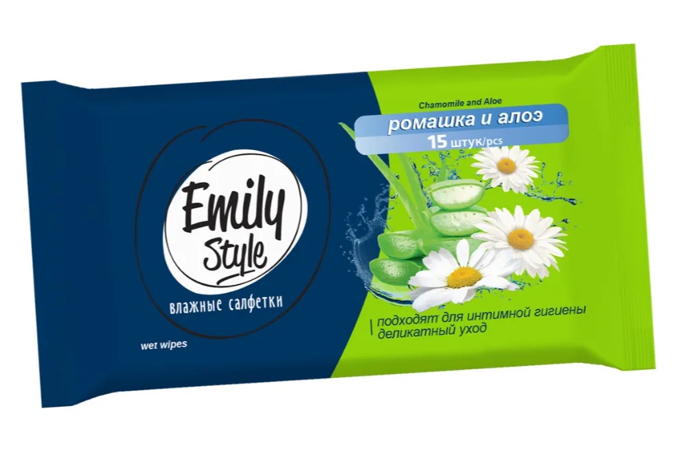 Emily Style cалфетки влажные для интимной гигиены, салфетки влажные, 15 шт, с экстрактом ромашки и алоэ фото