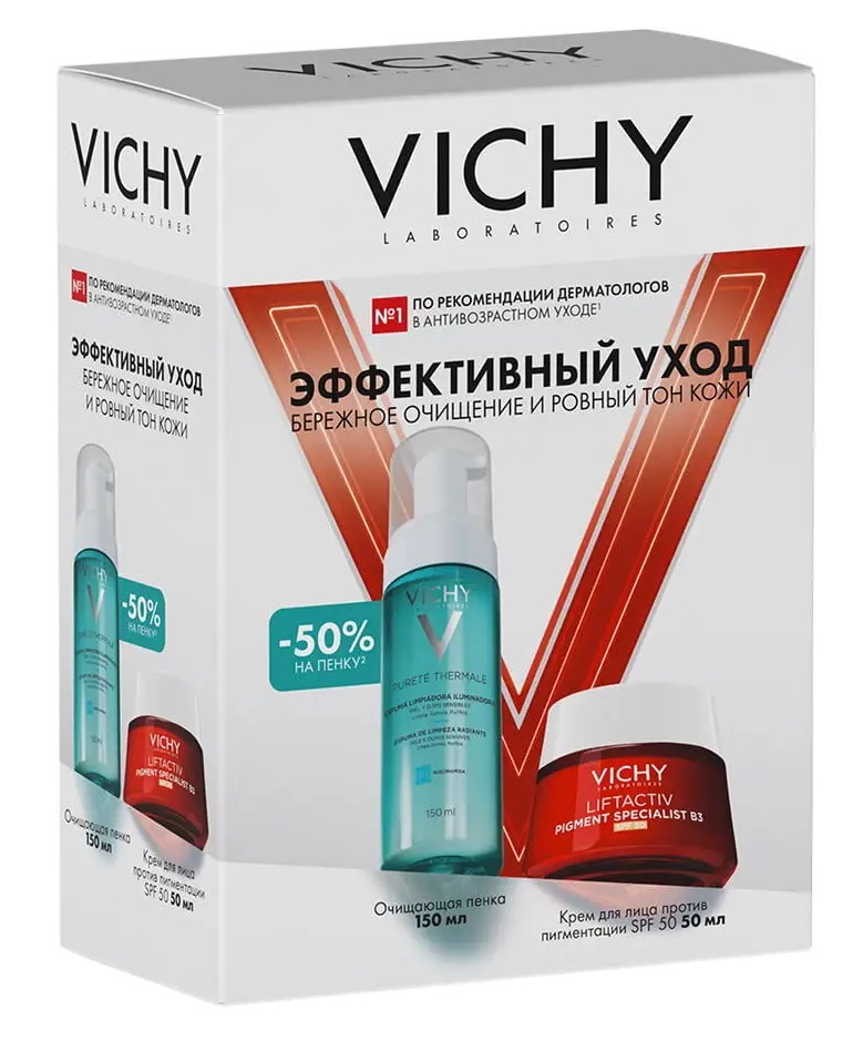 Vichy Набор для бережного очищения и ровного тона кожи, набор, 1 шт, дневной крем Liftactiv против пигментации SPF 50 + пенка очищающая Purete Thermale фото