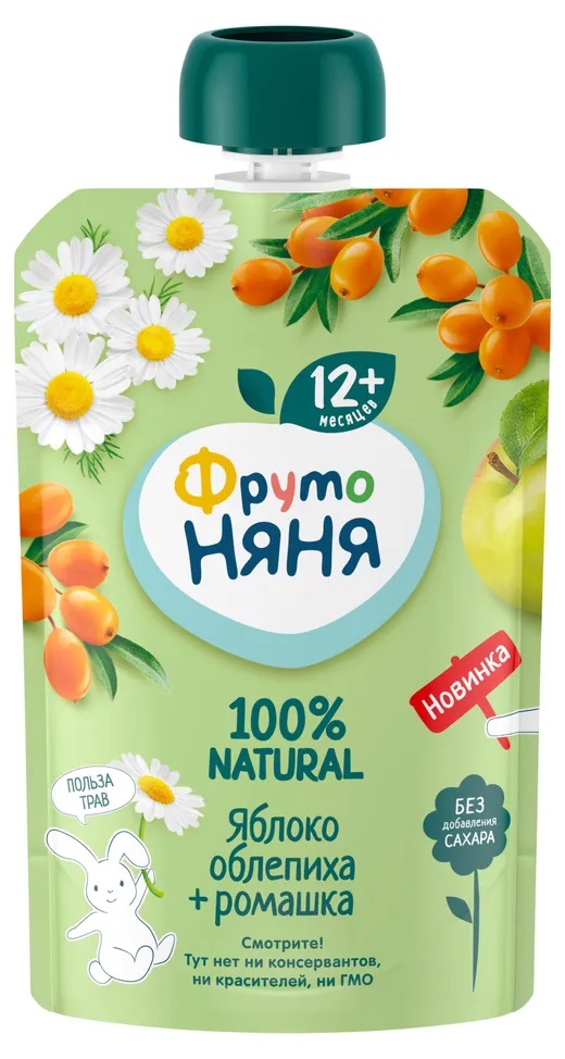 Фрутоняня детское пюре, пюре, 90 г, 1 шт, яблоко + облепиха + ромашка фото
