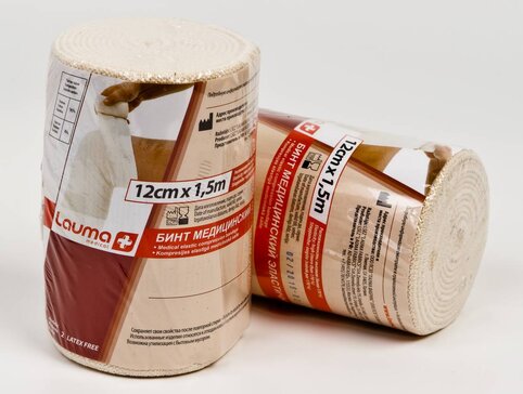 Lauma Бинт эластичный медицинский, 12 см х 1.5 м, 1 шт, с двумя фиксаторами, высокой растяжимости фото