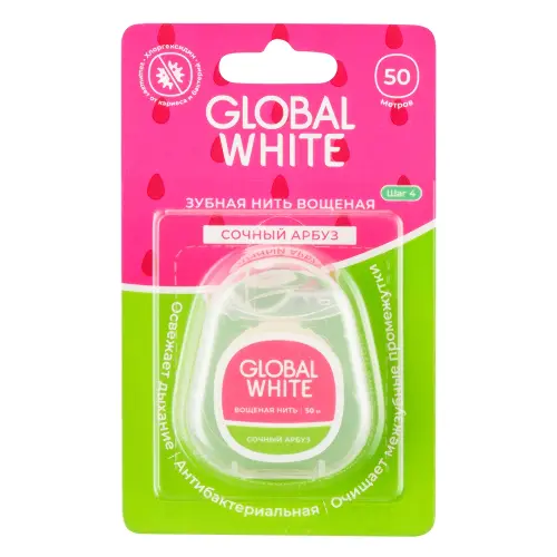Global White нить зубная вощеная с хлоргексидином, 50 м, 1 шт, сочный арбуз фото