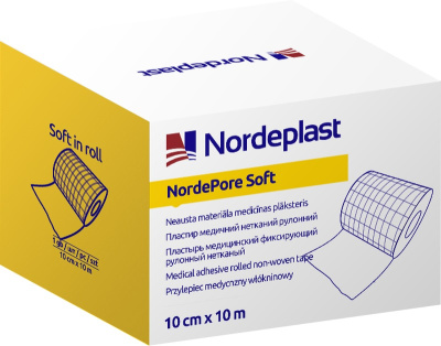 Nordeplast Nordepore soft Лейкопластырь фиксирующий, 10 см х 10 м, пластырь медицинский, 1 шт, нетканая основа фото