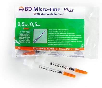 BD Micro-Fine Plus Шприц одноразовый инсулиновый U-100, 0.5 мл, шприц в комплекте с иглой, 10 шт, 29G (0,33х12,7 мм) фото