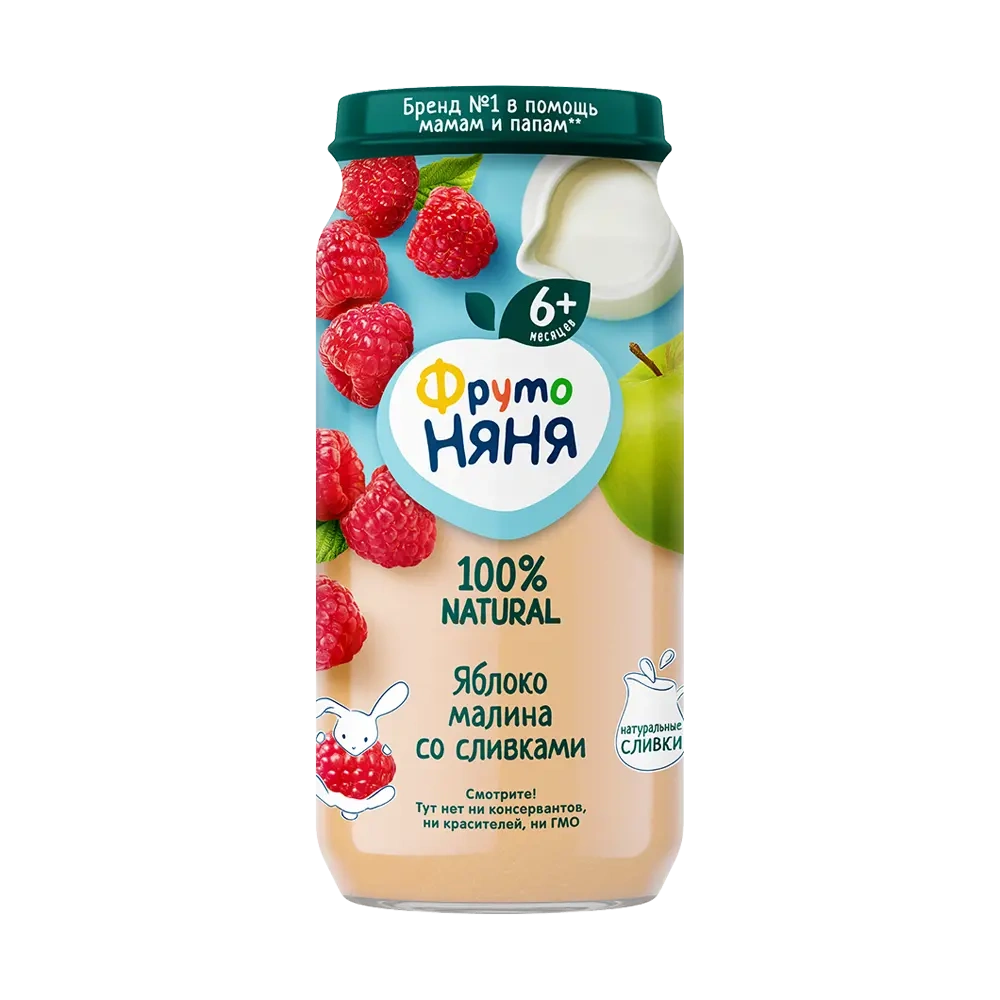 Фрутоняня детское пюре, 6+ мес, пюре, 250 г, 1 шт, яблоко + малина + сливки фото