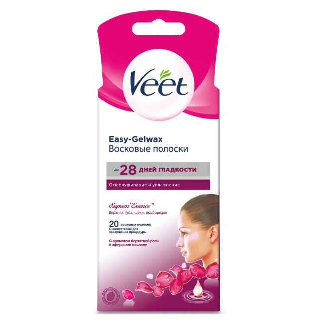 Veet Полоски восковые для лица, полоски восковые, 18 шт, бархатная роза и эфирные масла фото