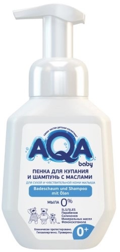 AQA baby Пенка для купания и шампунь с маслами для сухой и чувствительной кожи малыша, 250 мл, 1 шт, для детей с рождения фото