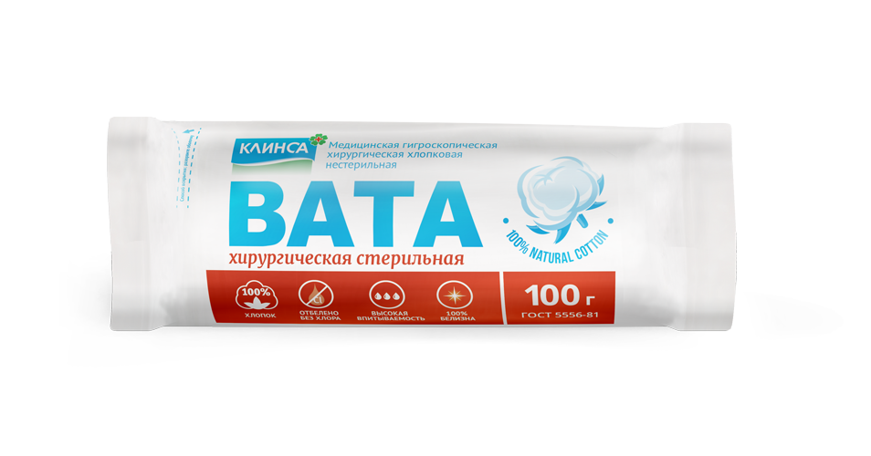 Клинса Вата хирургическая стерильная, 100 г, 1 шт. фото