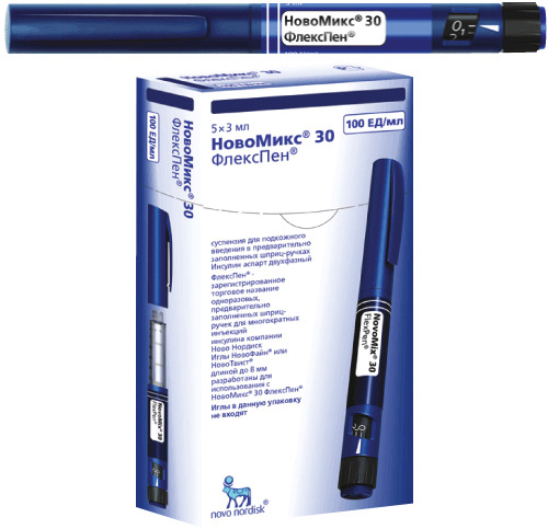 НовоМикс 30 ФлексПен, 100 ЕД/мл, суспензия для подкожного введения, 3 мл, 5 шт, в шприц-ручках ФлексПен фото