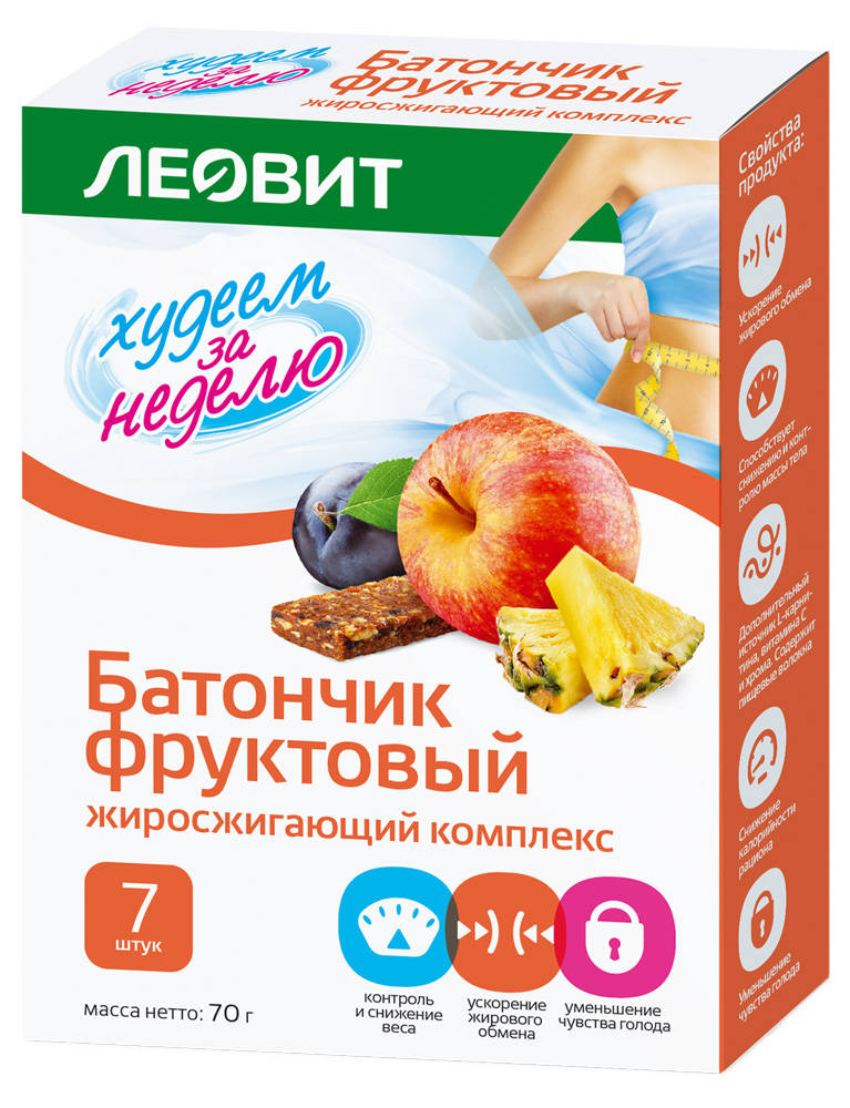 Леовит Худеем за неделю Батончик фруктовый «Жиросжигающий комплекс», батончик, 10 г, 7 шт. фото