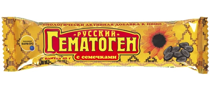 Гематоген Русский, плитка, 40 г, 1 шт, с семечками фото