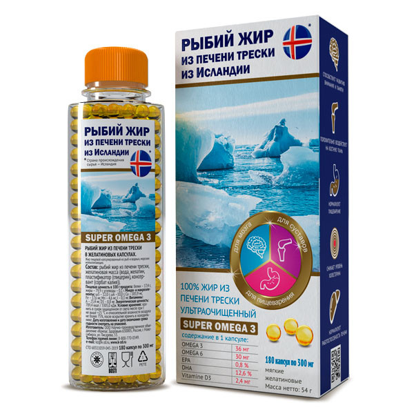 Компас здоровья Super Omega-3 Рыбий жир из печени трески, капсулы, 180 шт. фото