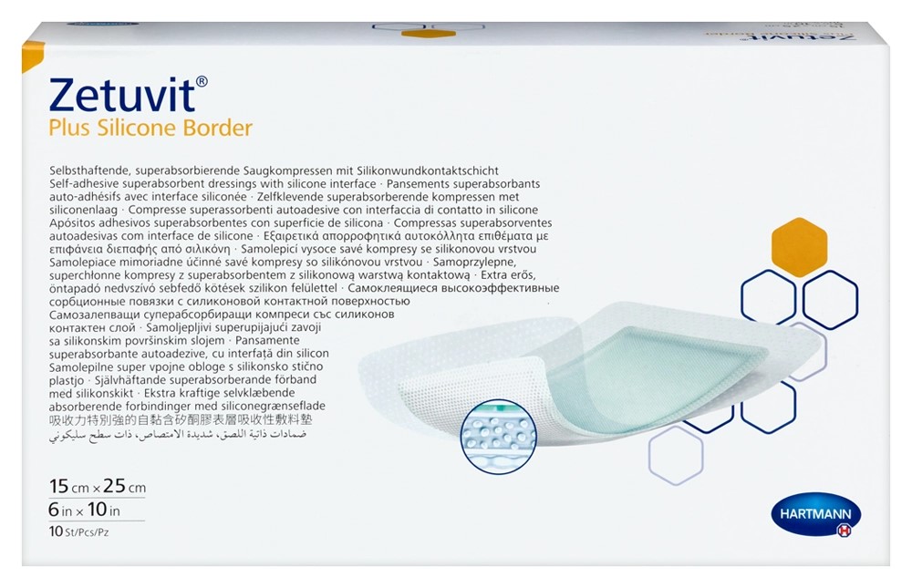 Zetuvit Plus Silicone Border Повязка суперабсорбирующая с контактным слоем из силикона, 15 см x 25 см, повязка стерильная, 10 шт. фото