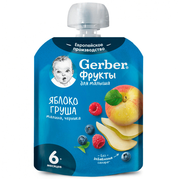 Гербер детское пюре, пюре, 90 г, 1 шт, яблоко + груша + малина + черника фото