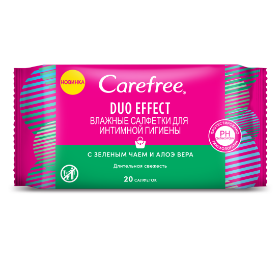 Carefree Duo effect Салфетки влажные для интимной гигиены, салфетки влажные, 20 шт, с зеленым чаем и алоэ вера фото