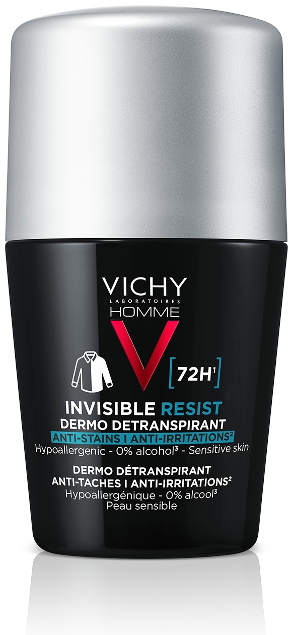 Vichy Homme Invisible Resist Дезодорант-антиперспирант против белых и желтых пятен 72 ч, ролик, 50 мл, 1 шт. фото