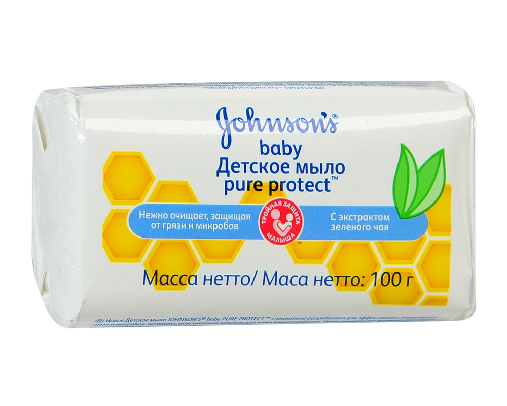 Johnson's Baby Pure Protect детское мыло с экстрактом зеленого чая, мыло детское, 100 г, 1 шт. фото
