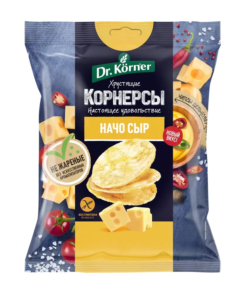 Доктор Кернер Чипсы цельнозерновые кукурузно-рисовые, хлебцы, 50 г, 1 шт, начо + сыр фото