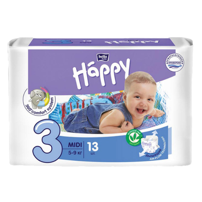 Bella Baby Happy Midi Подгузники детские, р. 3, 13 шт, 5-9 кг фото