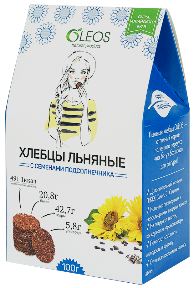 Oleos Хлебцы льняные, хлебцы, 100 г, 1 шт, с семенами подсолнечника фото