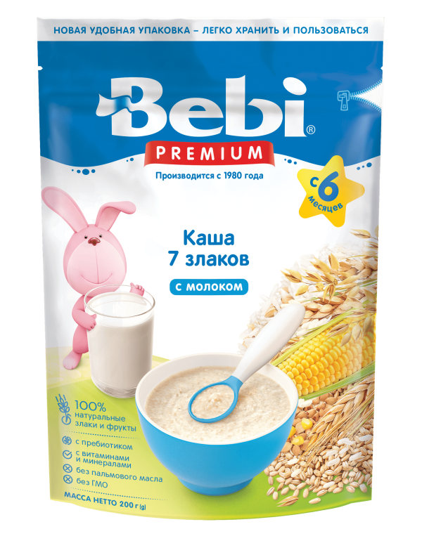 Bebi Premium каша 7 злаков с молоком, 6+ мес, каша детская молочная, 200 г, 1 шт. фото