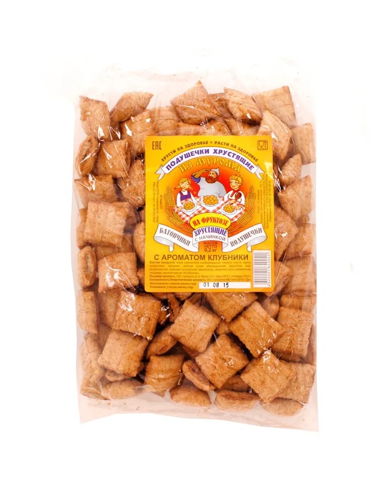 Подушечки хрустящие из Мурома на фруктозе, 200 г, 1 шт, с ароматом клубники фото