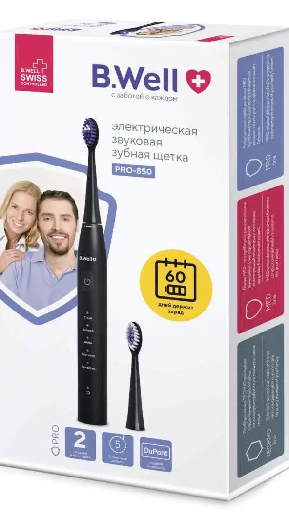 B.Well Электрическая звуковая зубная щетка PRO-850, щетка зубная, 1 шт, фиолетовая фото