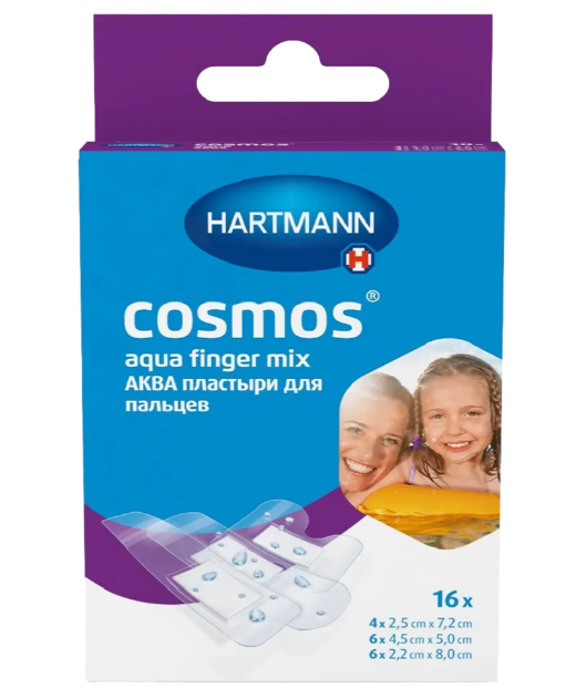 Cosmos Aqua finger mix Пластырь для пальцев водонепроницаемый, пластырь медицинский, 16 шт, 3 размера, прозрачный фото